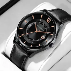 Hannah Martin Men Business Quartz Watch Waterproof Calendar Date Metal Case Genuine Leather Strap Fashion Casual Wristwatch