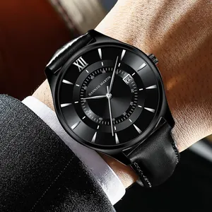 Hannah Martin men's black business quartz watch with date display and leather strap