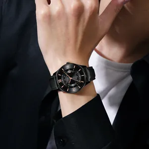 Business men's black leather watch with dual date display and rose gold markers