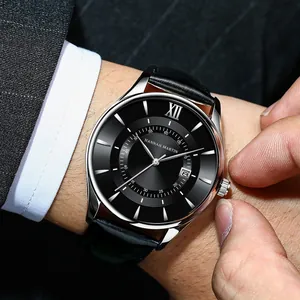 Business men's quartz watch with black dial and leather strap in a formal suit setting