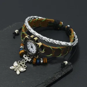 Vintage bohemian multilayer braided leather strap watch with butterfly pendant