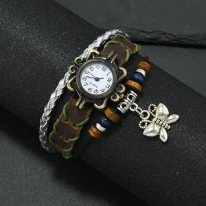 Vintage multilayer leather strap watch with butterfly charm and beads for women