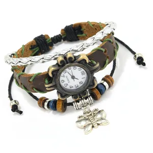 Vintage Women Quartz Bracelet Watch Hand Woven Cowhide Leather Wrap Adjustable Punk Ethnic Style Butterfly Pendant