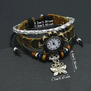Vintage bohemian leather woven watch bracelet with butterfly charm for women