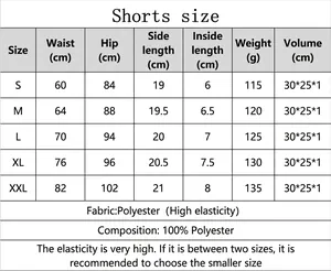 Size guide table for women's high elasticity polyester sports shorts showing measurements