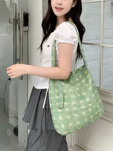 Women Floral Print Tote Bag Polyester Canvas Shoulder Handbag Knot Bow Strap Fresh French Pastoral Style Casual Daily