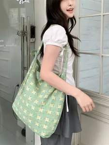 Green floral canvas tote bag with vintage small flower pattern for daily use