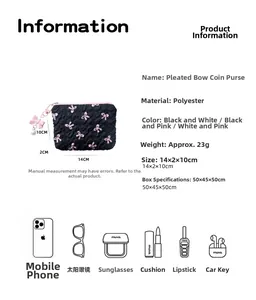 Detailed spec chart of ruched bow coin purse with size 14x2x10cm and color options