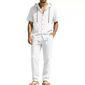 Men's white cotton linen casual set featuring short sleeve hooded shirt and long pants