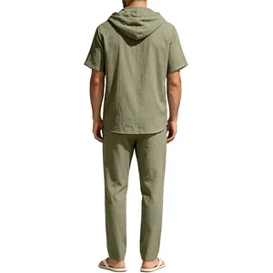 Rear view of men's casual olive green cotton linen two-piece hooded short sleeve set