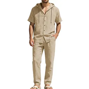 Close-up of khaki linen texture on men's hooded short sleeve shirt and trousers set