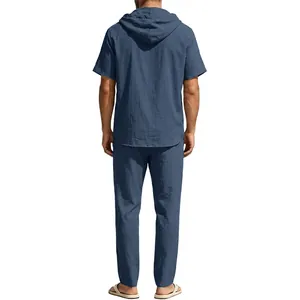 Rear view of men's casual two-piece linen set featuring hooded short sleeve shirt and loose pants