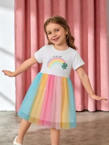 Robe de Soirée Princesse en Tulle Arc-en-ciel pour Filles Coton Col Rond Manches Courtes Robe en Maille Multicolore Enfants