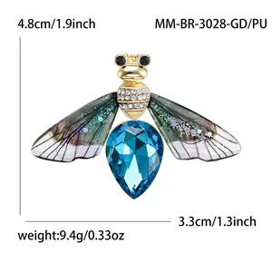 Cute crystal bee brooch with blue teardrop gemstone and gold metal wings, 4.8cm size