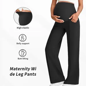 Detail of high-waisted maternity wide-leg pants with elastic belly support and pockets