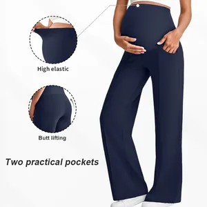 Dark blue high waist maternity wide leg pants with belly support and pockets