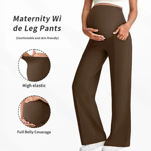 High elastic wide leg maternity trousers with full belly coverage in dark brown
