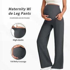 High elastic maternity wide leg pants with full belly coverage and side pockets