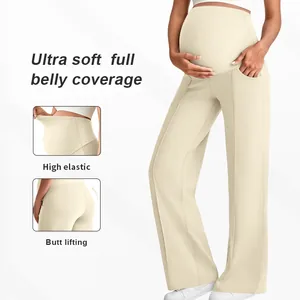 High-waist maternity wide-leg trousers with belly support in beige high-stretch fabric