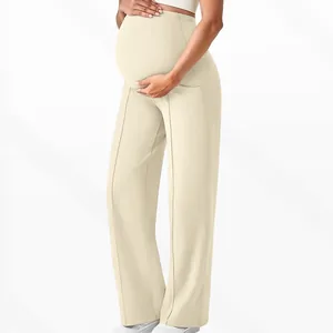 Detail of high waist maternity wide leg pants with breathable belly support elastic
