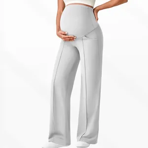 Detail view of light grey maternity wide leg pants with high waist belly support
