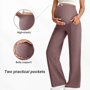 Detail view of purple maternity pants showing belly support and high elasticity fabric
