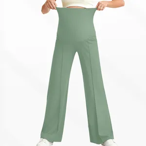 Stretchy sage green maternity wide leg pants with high waist support band detail