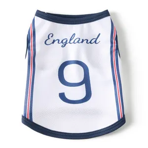 Close-up of breathable mesh pet vest featuring England 9 print and striped trim