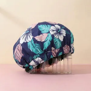 Waterproof double-layer shower cap with tropical floral print and adjustable elastic band