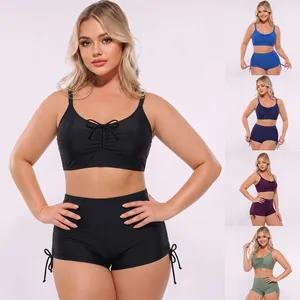 Detail view of high-waist two-piece swimsuit set in five solid colors for women