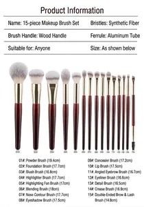 Size chart showing 15 professional makeup brushes with brown wood handles and gold tubes