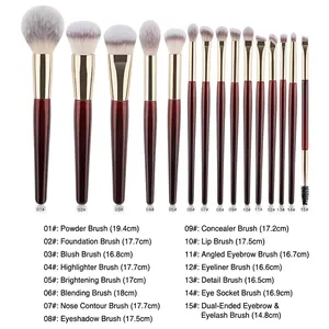 Kit de 15 pinceaux de maquillage professionnels bordeaux avec poils synthétiques et or