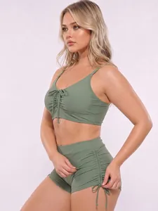 Two-piece sage green high waist bikini set with drawstring side detailing