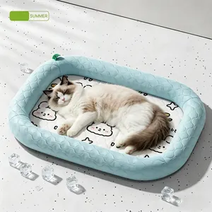 Cooling Ice Satin Pet Bed Summer Breathable Cat Mat With Detachable Pillow Fruit Animal Pattern For Small Dogs Cats