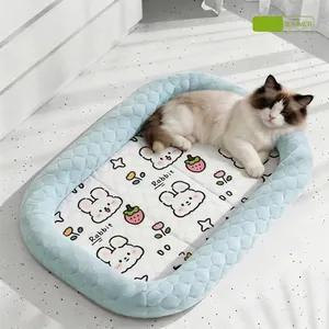 Cooling ice silk dog bed with rabbit print and bolster design for summer comfort