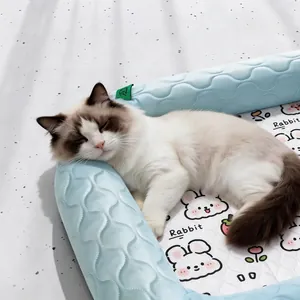 Cooling ice silk dog bed with rabbit print and 9cm high side bolsters for summer