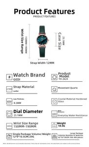 Detailed specifications of green leather strap quartz watch with rose gold case