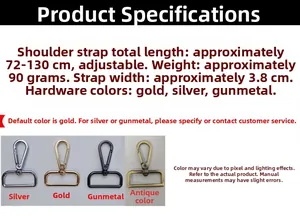 Adjustable 3.8cm wide jacquard strap with hardware specs in gold and silver