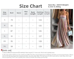 Size chart for off-shoulder backless print dress showing measurements from S to 3XL