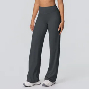 Detail of high waisted dark grey wide leg yoga pants made of premium matte stretch fabric