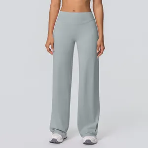Detail of high waisted wide leg yoga pants in light blue grey with seamless waistband