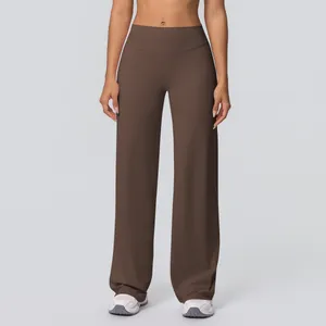 Front view of high waisted chocolate brown wide leg yoga pants with brushed texture
