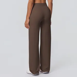 Rear view of high-waisted dark coffee yoga pants with V-shaped waistband design