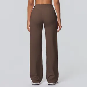 Rear view of deep brown high-waisted wide-leg yoga pants with a smooth finish