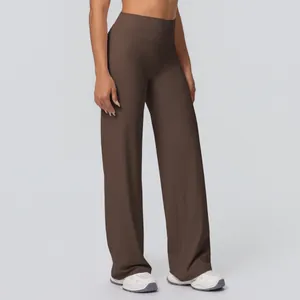 Side view of dark brown high-waisted yoga pants with a seamless wide-leg straight cut