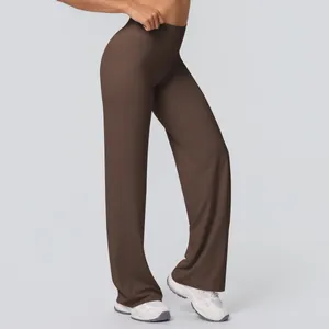 Detail view of high waisted chocolate flare yoga pants with soft brushed fabric texture