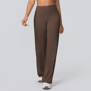 Close-up of high-waisted wide-leg yoga pants in dark coffee with soft brushed texture