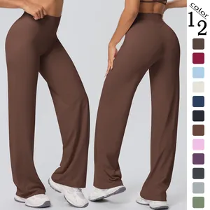 High Waisted Wide Leg Yoga Pants Women Double Sided Brushed Tummy Control Breathable Flare Leg Fitness Trousers Solid Color