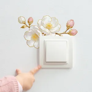 Floral self-adhesive switch sticker decoration with pink camellia and gold edges