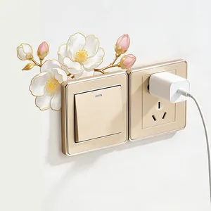 Elegant gold-edged camellia flower wall stickers for 86-type light switch decoration